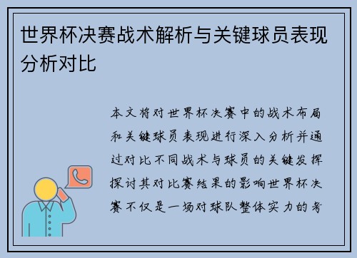 世界杯决赛战术解析与关键球员表现分析对比