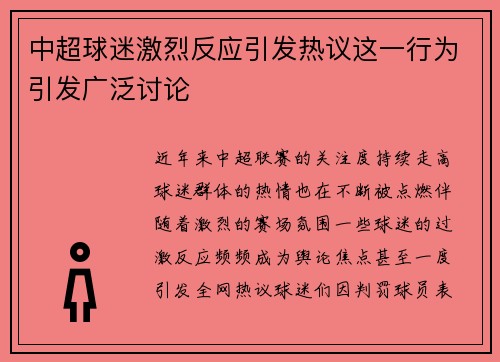 中超球迷激烈反应引发热议这一行为引发广泛讨论 中超球迷激烈反应引发热议这一行为引发广泛讨论