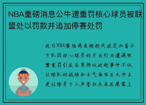 NBA重磅消息公牛遭重罚核心球员被联盟处以罚款并追加停赛处罚